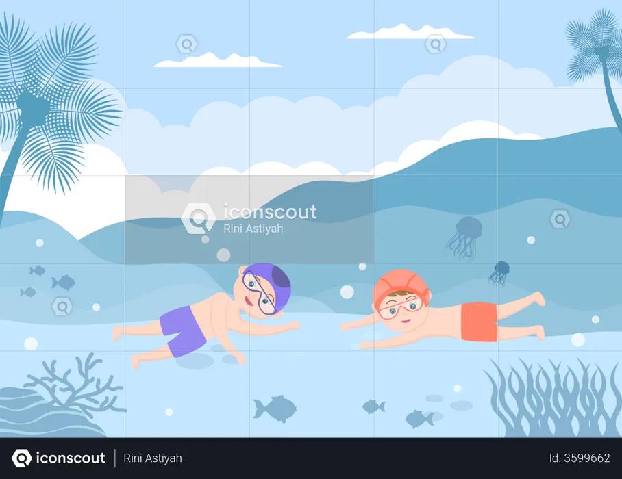 Little kids swimming underwater  Illustration