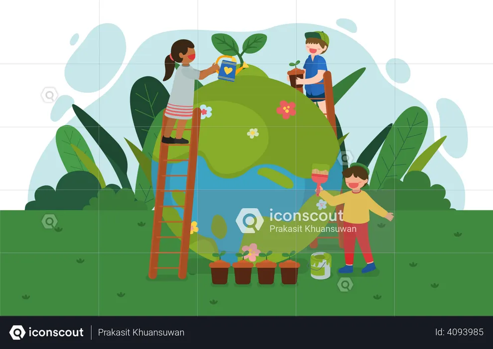Little Kids Taking Care of plants  Illustration