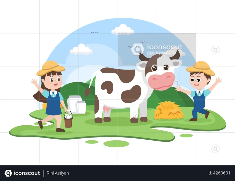 Little kids with cow  Illustration