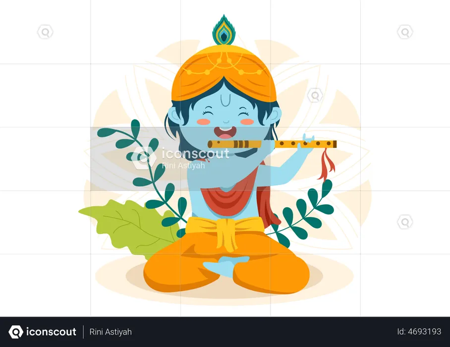 Little Krishna playing flute  Illustration
