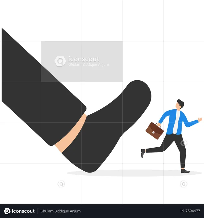 Little manager escaping from a giant foot  Illustration