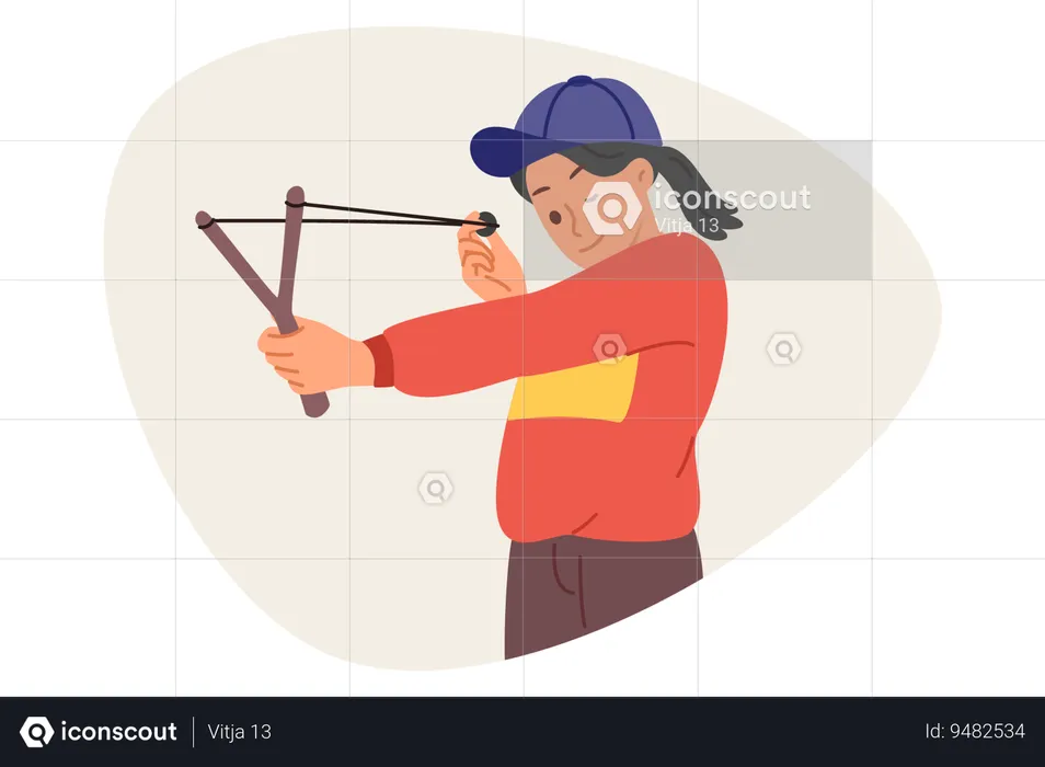 Little mischievous girl shoots with slingshot closing one eye to aim at target during weekend  Illustration