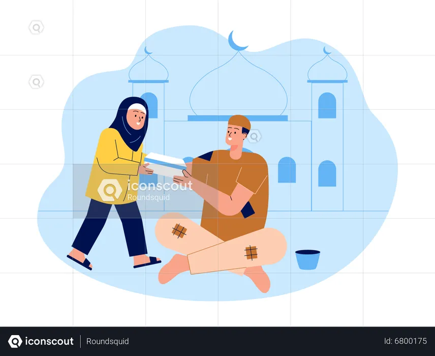 Little muslim girl giving arm to poor  Illustration