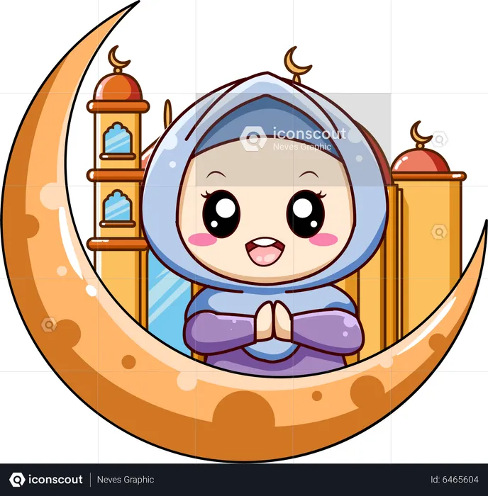 Little Muslim girl with moon and mosque  Illustration