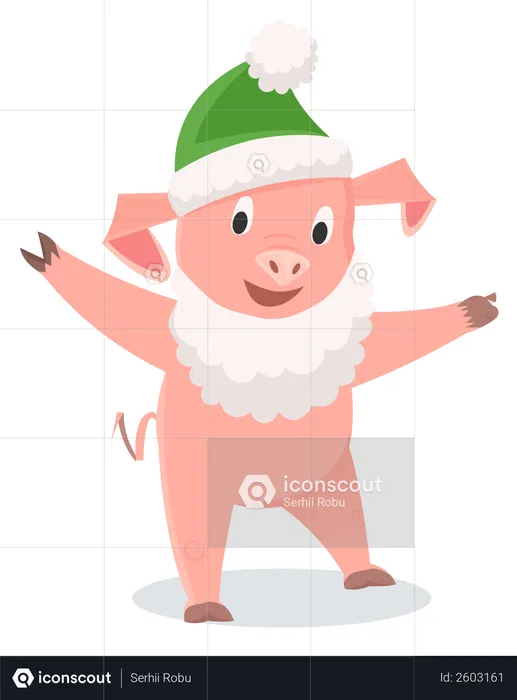 Little Pig with Christmas green Cap  Illustration