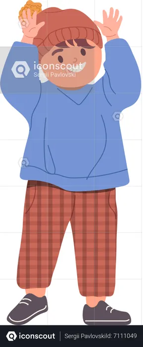 Little preschool boy standing with raised hands  Illustration