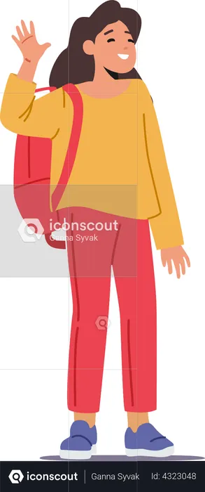 Little Pupil Girl with Backpack Waving Hand  Illustration