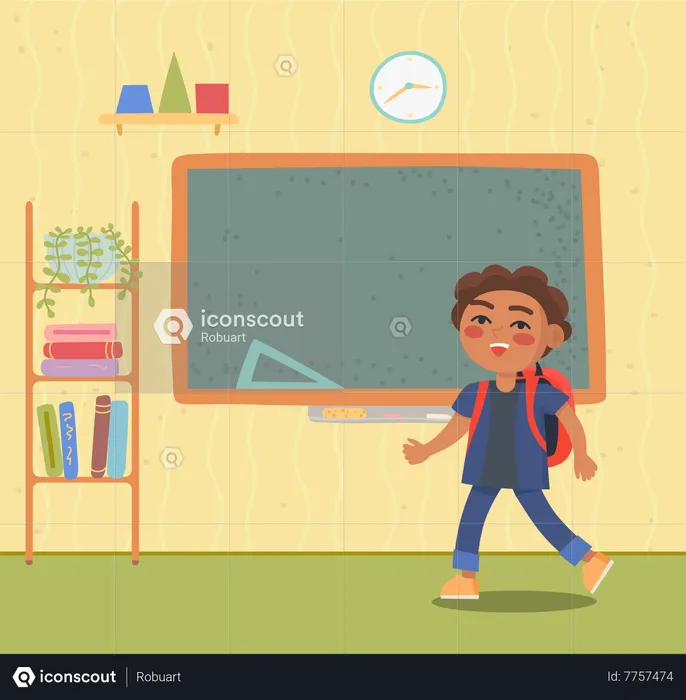 Little Pupil Near Chalkboard In Classroom  Illustration