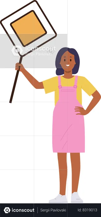 Little school girl holding give way road traffic sign  Illustration