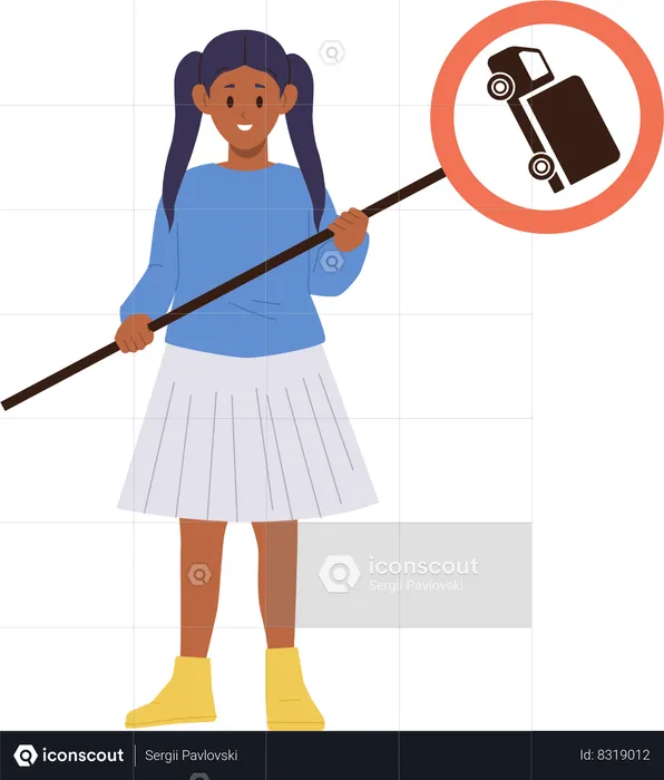 Little school girl holding road traffic sign with truck  Illustration