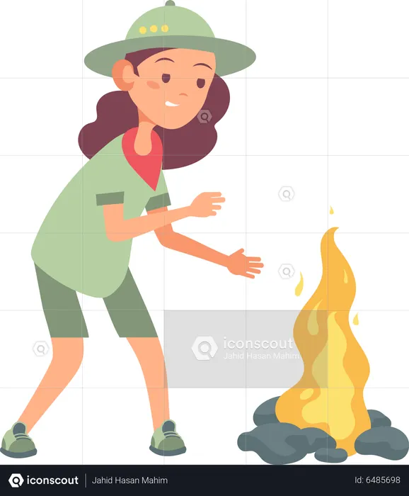 Little scout girl standing near campfire  Illustration