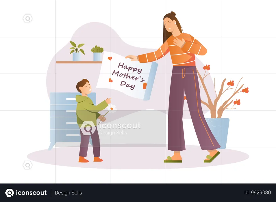 Little son wishes his mother happy Mother Day  Illustration