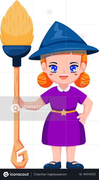 Little Witch Holding Broomstick  Illustration