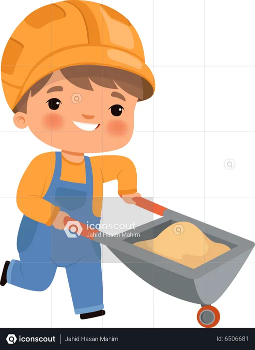 Little worker pushing sand trolley  Illustration