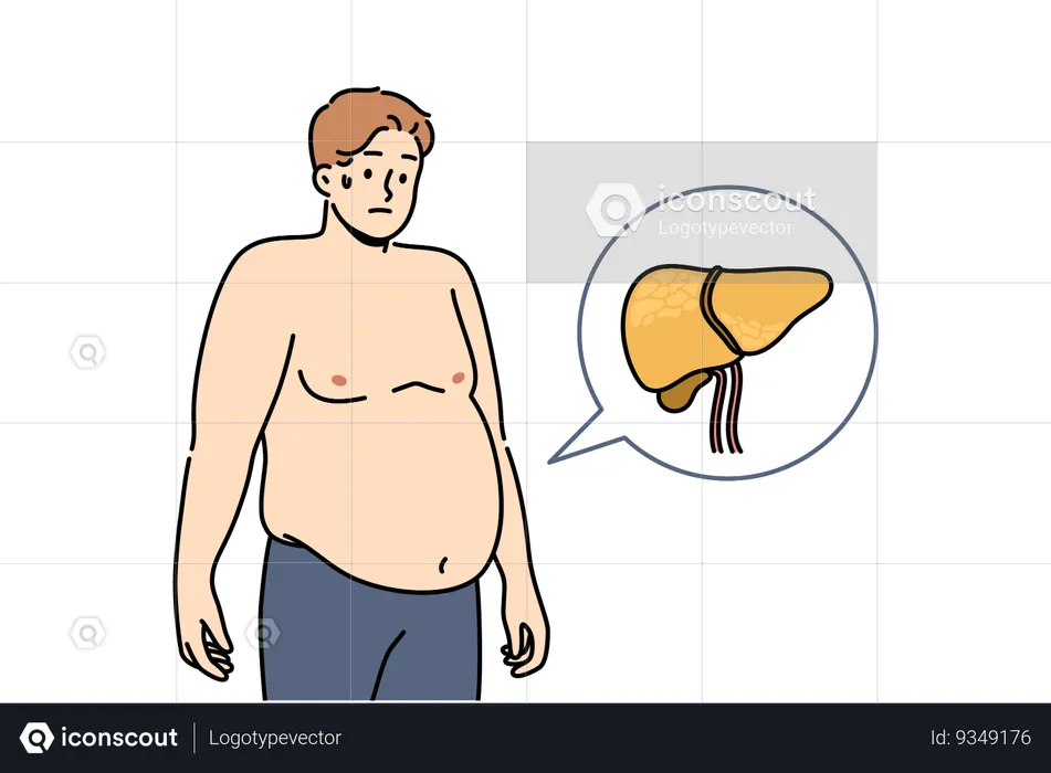 Liver illnesses in men cause obesity and digestive problems and symptoms of fatty hepatosis  Illustration