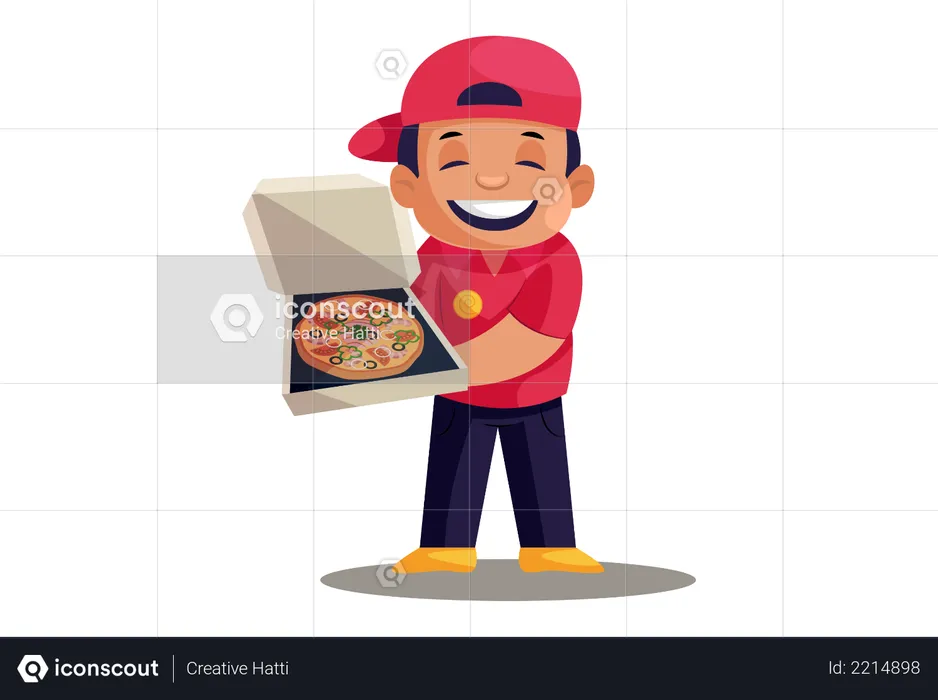 Livreur de pizza montrant une pizza dans une boîte  Illustration