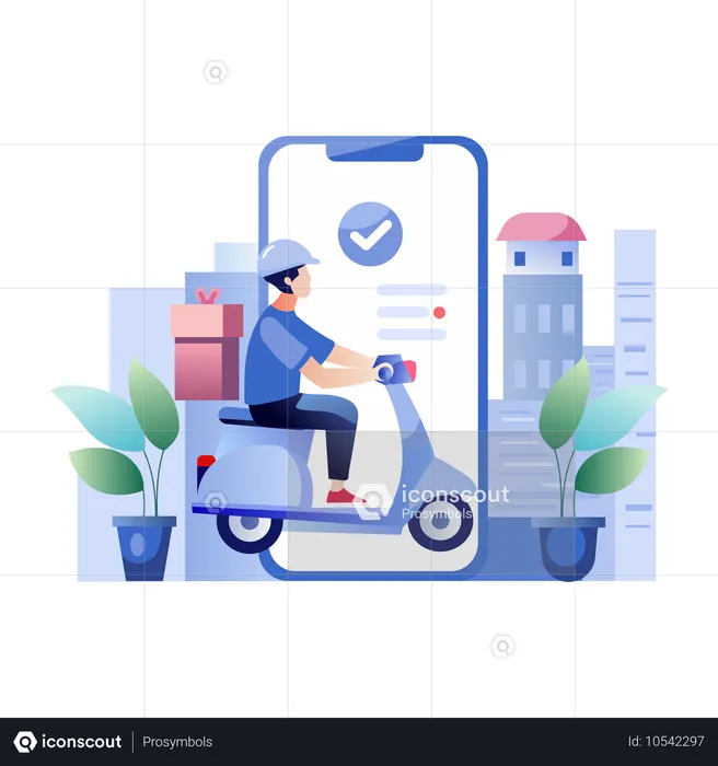 Chauffeur-livreur sur scooter utilisant une application de livraison pour smartphone  Illustration