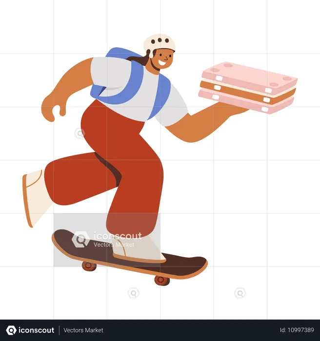 Livreuse livrant des pizzas en skateboard  Illustration