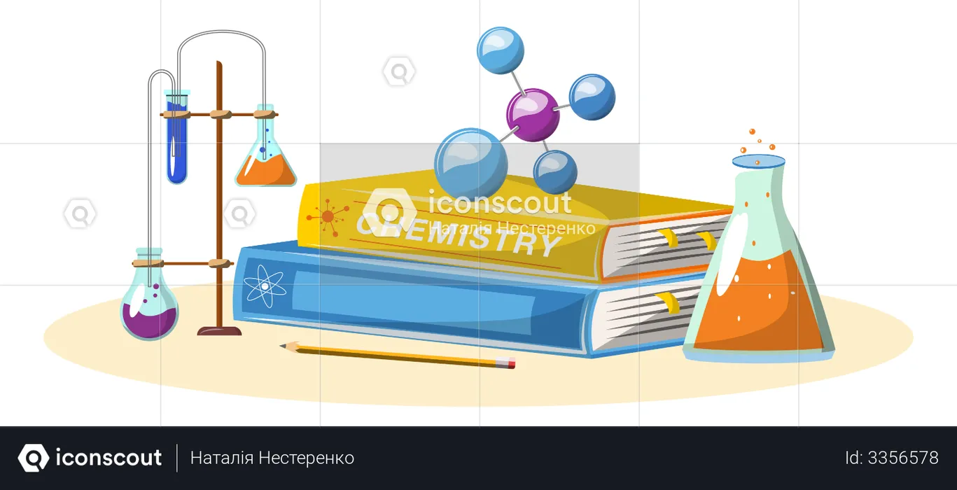 Livro e equipamentos de química  Ilustração