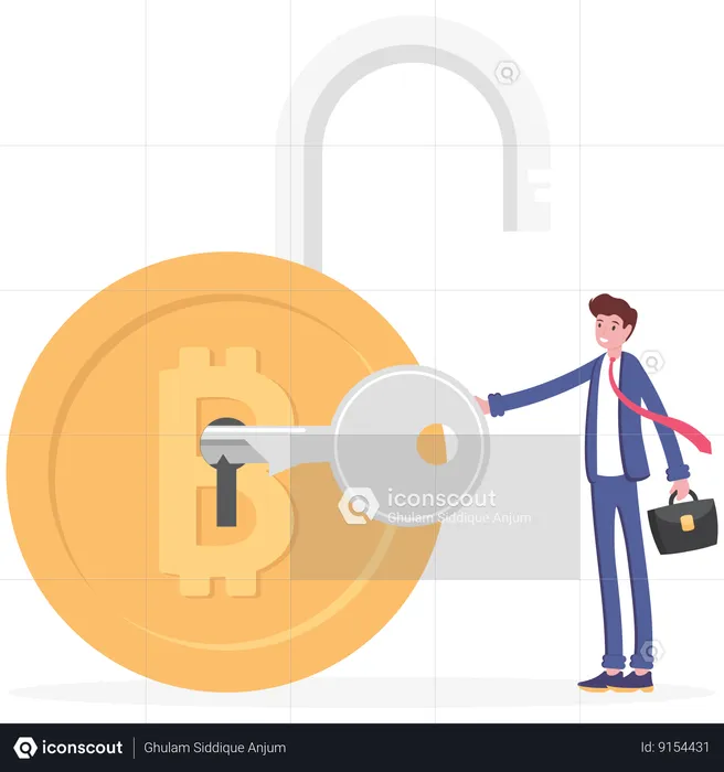 La llave abre un candado bitcoin.  Ilustración