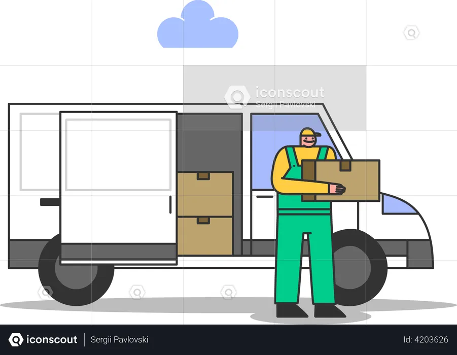 Loader unload goods from truck  Illustration