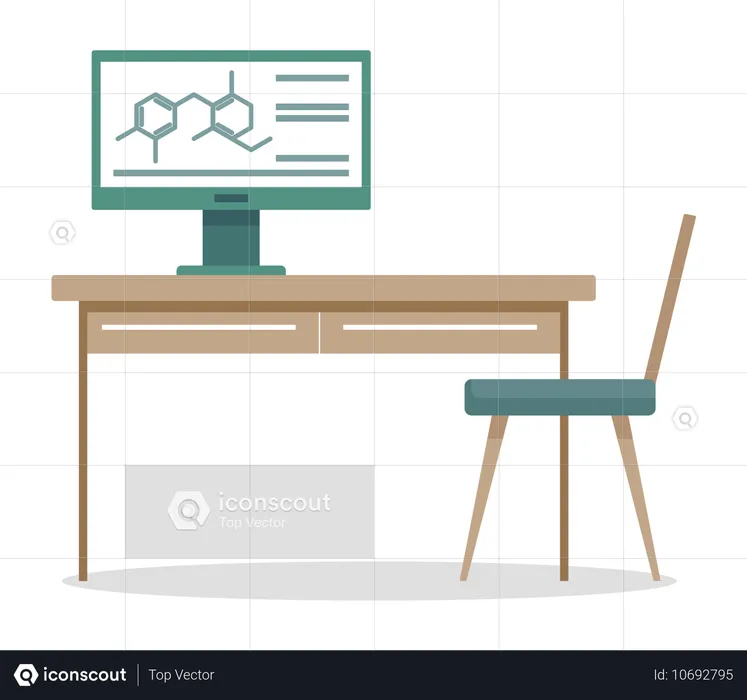 Local de trabalho de laboratório com monitor de computador  Ilustração