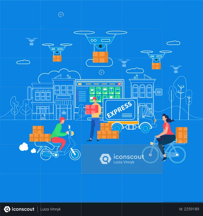 Logistics, Delivery Home and Office from Drone  Illustration