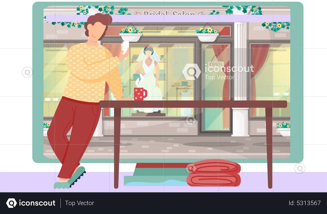 Boutique de noivas com vestido  Ilustração