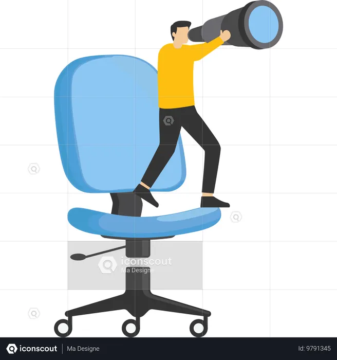 Lonely businessman standing look for near future on sinking office chair  Illustration