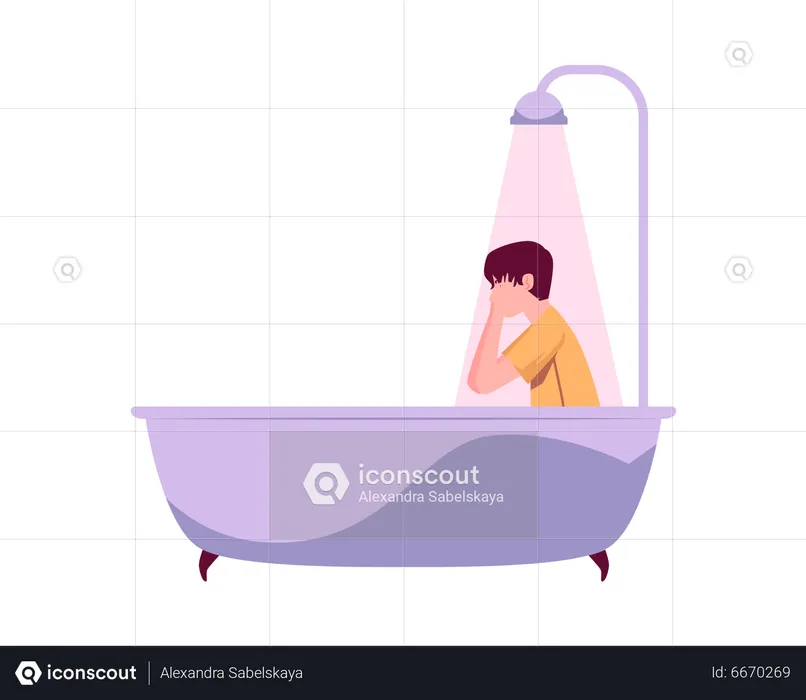 Lonely depressed man sitting in bathtub  Illustration