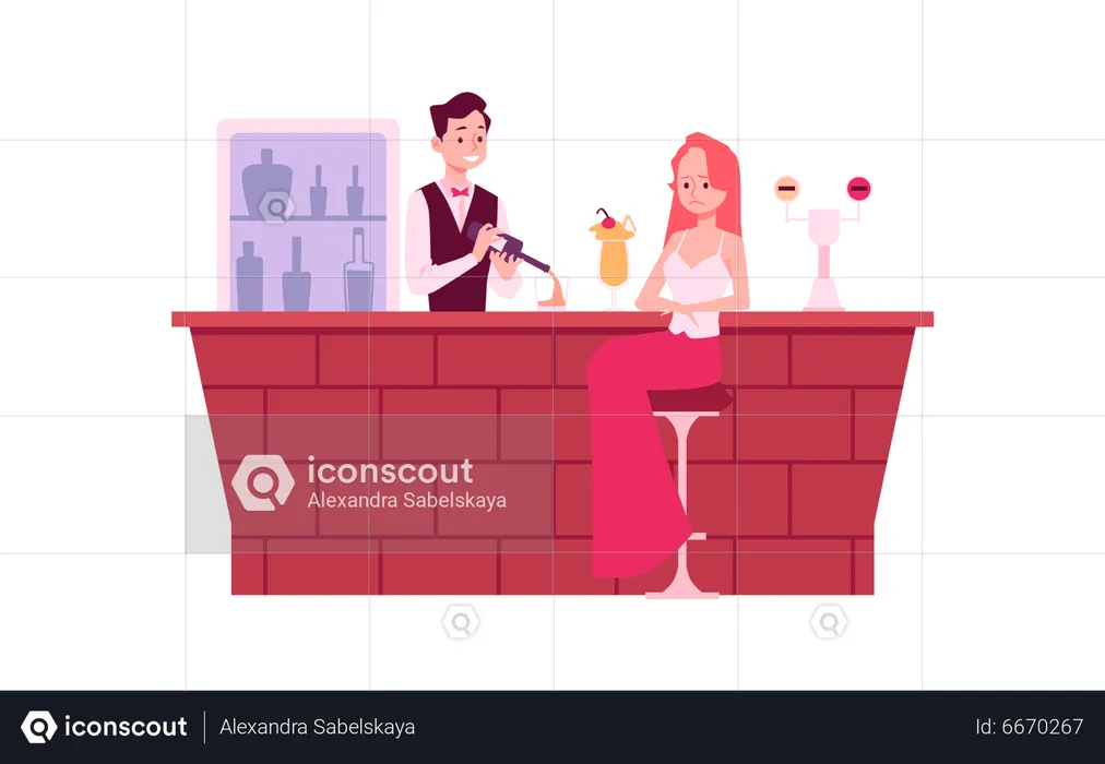 Lonely woman in depression at bar counter  Illustration