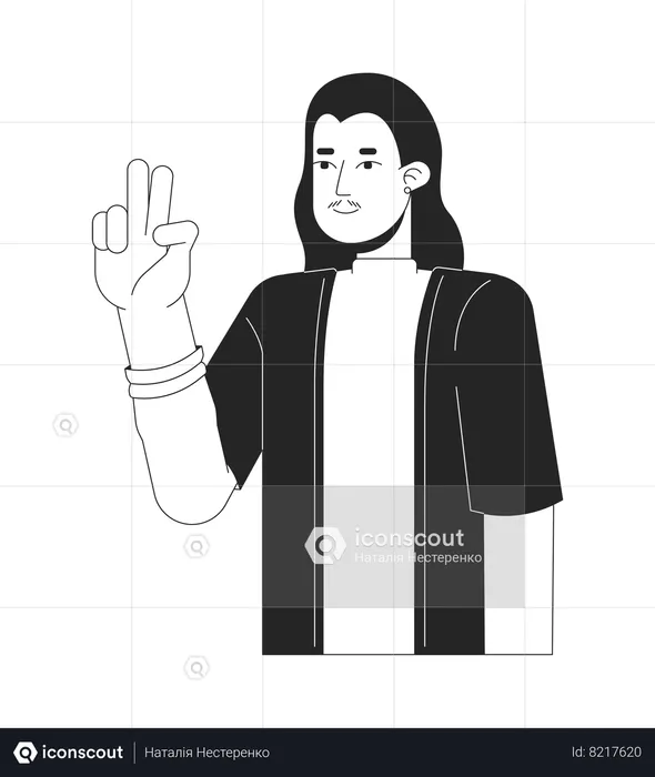 Long haired asian man victory sign  Illustration