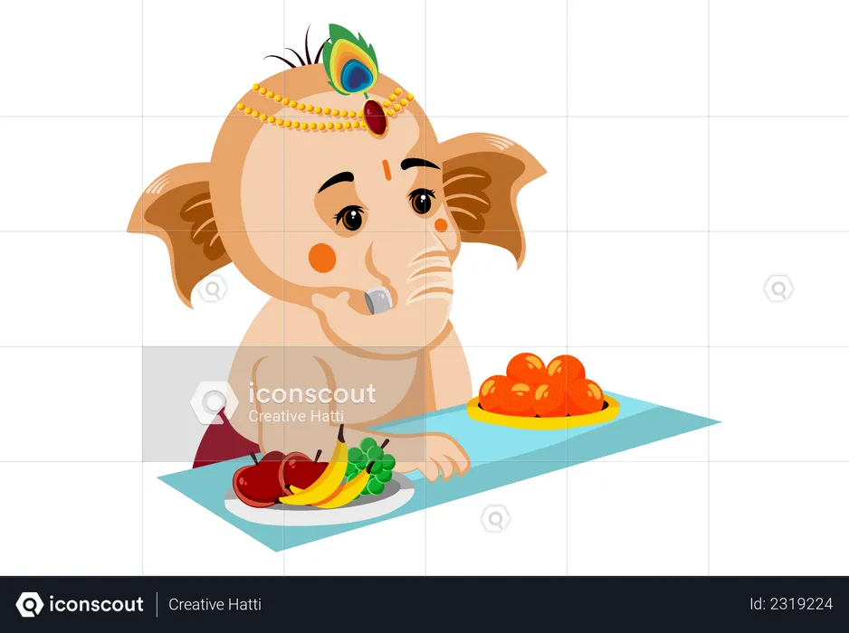 Best Premium Lord Ganesh is sitting with the laddu and fruit plate  Illustration download in PNG & Vector format