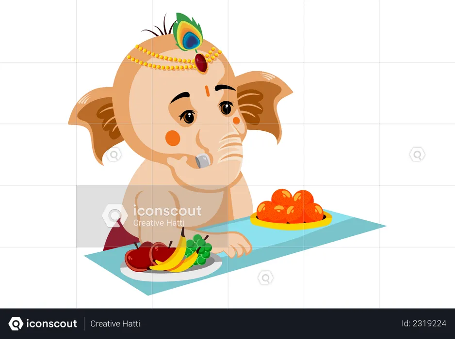 Lord Ganesh is sitting with the laddu and fruit plate  Illustration