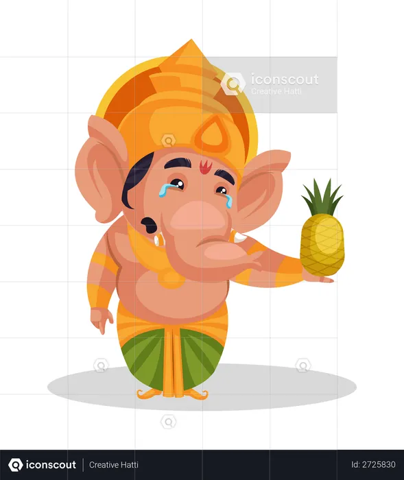 Lord Ganesha crying while holding pineapple  Illustration