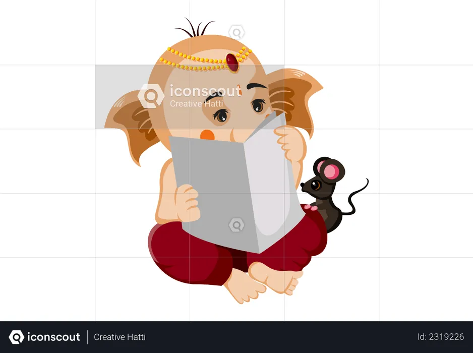 Lord Ganesha reading book with mouse  Illustration