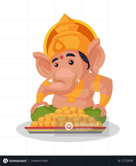 Lord Ganesha sitting next to laddu plate  Illustration