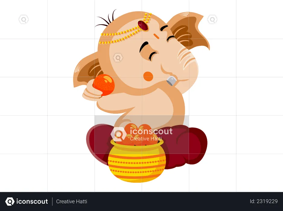 Best Premium Lord ganesha sitting with Golden pot which is filled with  laddoo Illustration download in PNG & Vector format