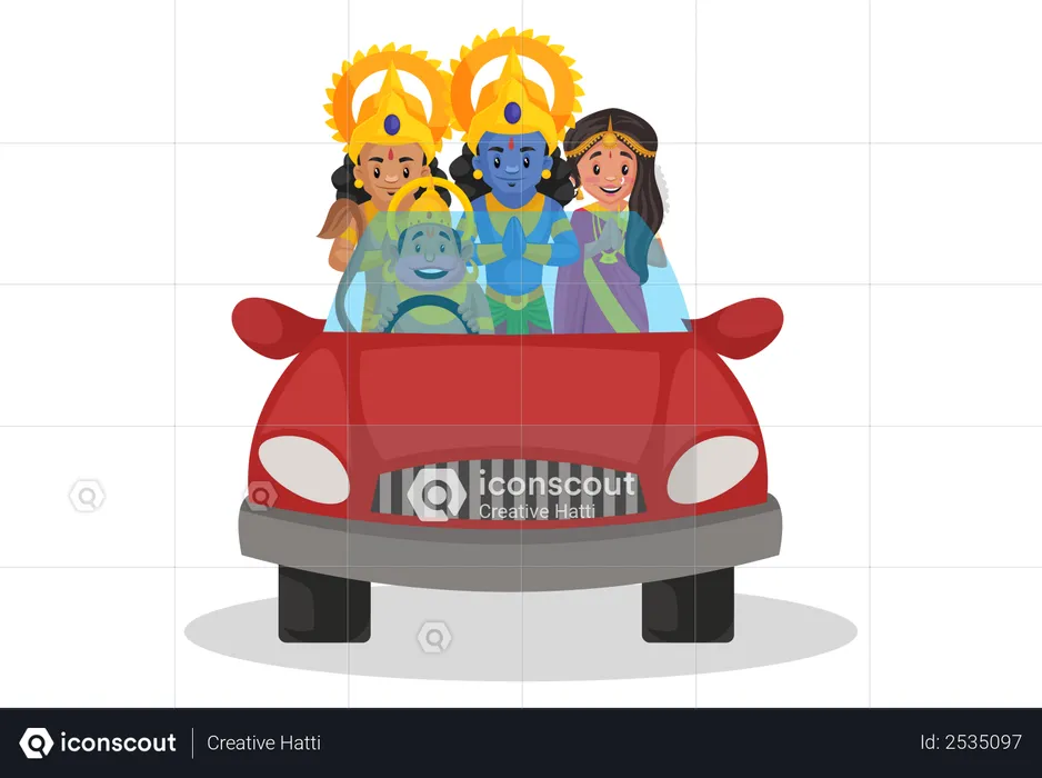 Lord Hanuman riding car with Ram, Sita and Lakshmana  Illustration