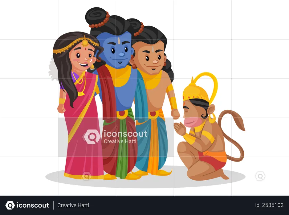 Lord Hanuman taking blessings from Ram and Sita  Illustration