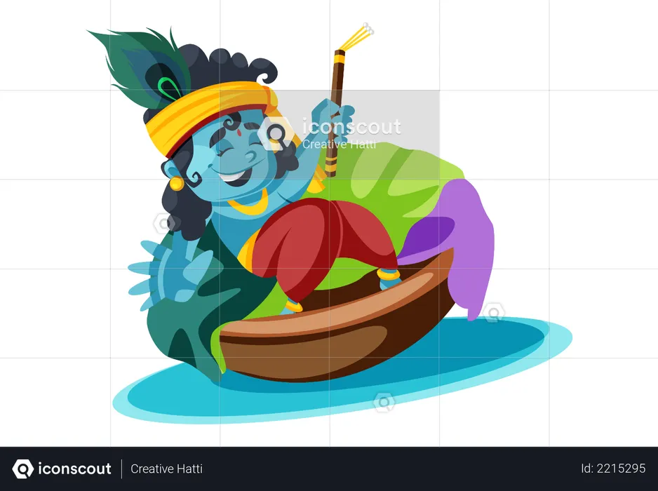 Lord Krishna auf einem Flussboot mit Flöte  Illustration