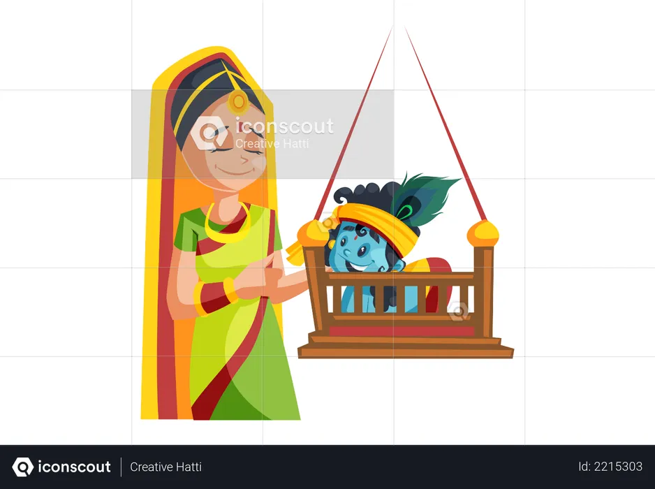 Lord Krishna Playing with his Mother on Swing  Illustration