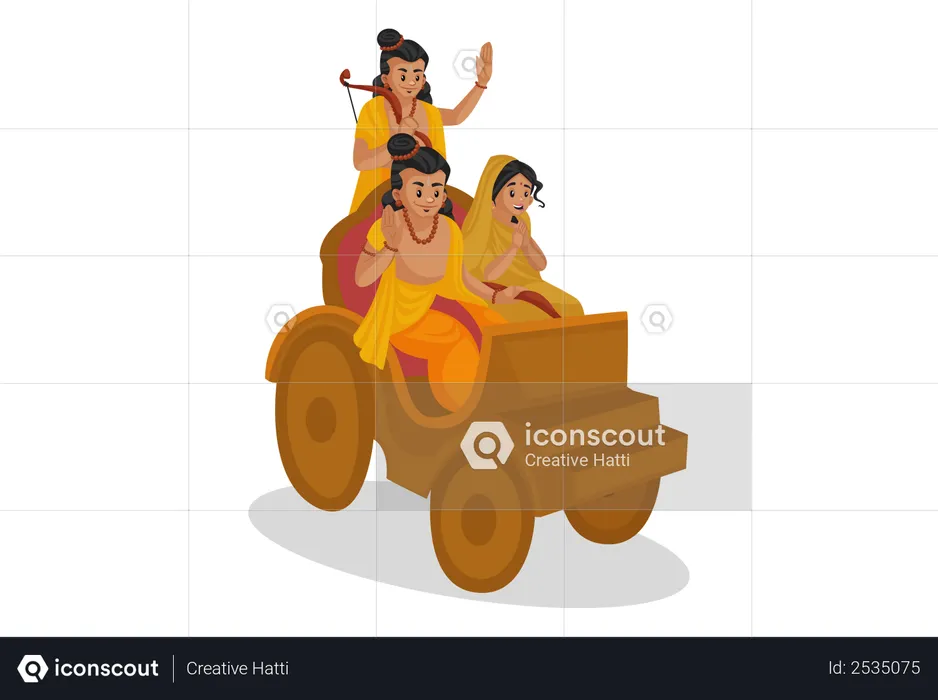 Lord Ram, Goddesses Sita and Lakshmana going in equipage  Illustration