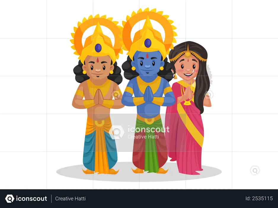 Lord Ram with Lakshmana and Goddesses Sita standing in Indian greeting pose  Illustration