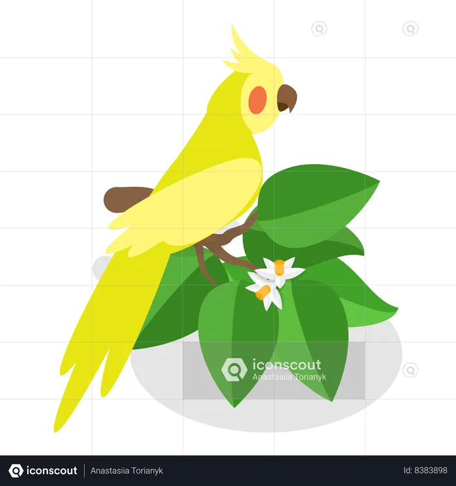 Loro sentado en tallo con flores  Ilustración