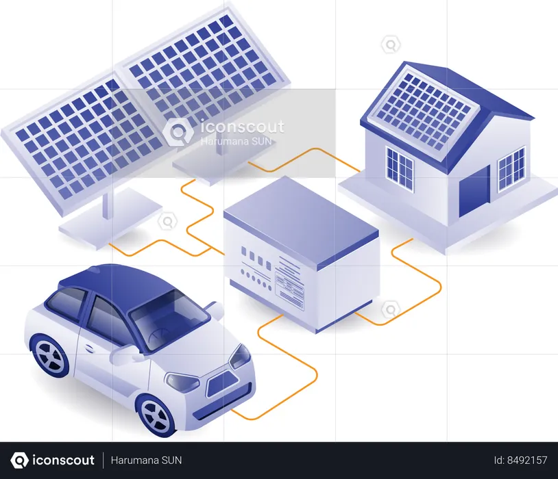 Los coches eléctricos se cargan mediante electricidad solar  Ilustración