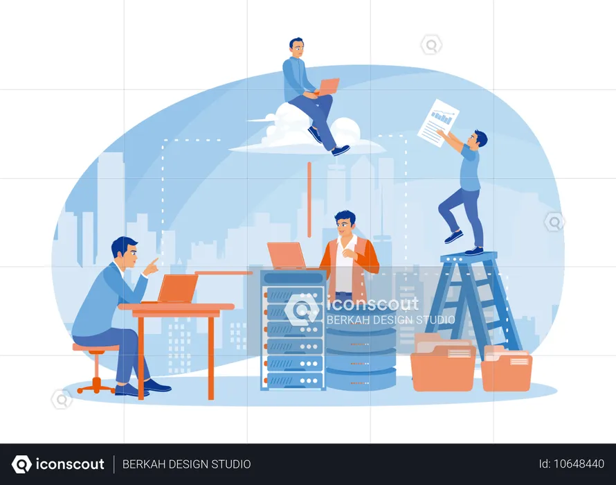 Los empleados almacenan datos en computadoras portátiles y transfieren datos de la computadora portátil al servidor  Ilustración