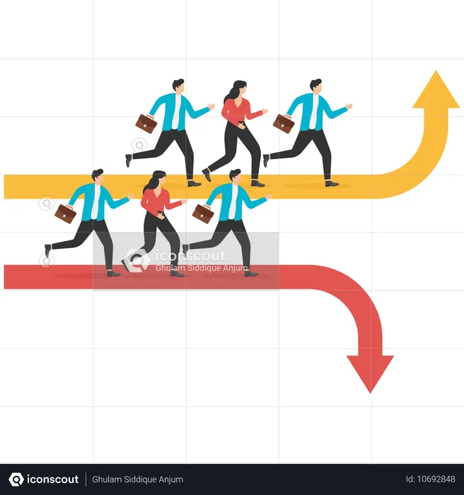 Los empresarios eligen caminos diferentes para continuar en la bifurcación del camino  Ilustración