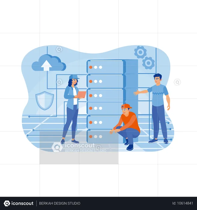 Los ingenieros tecnológicos realizan mantenimiento en el centro de datos  Ilustración