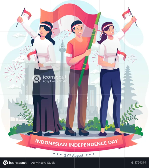 Los jóvenes celebran el día de la independencia de Indonesia sosteniendo la bandera roja y blanca de Indonesia.  Ilustración